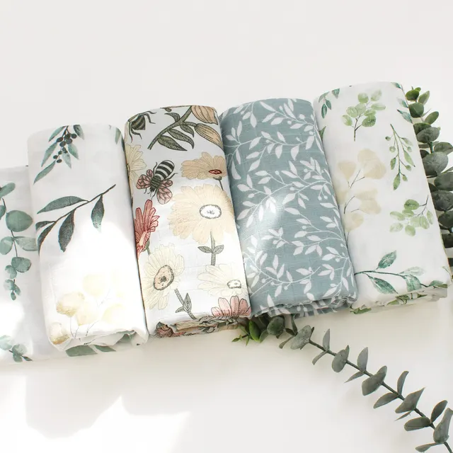 Baby Blankets Newborn Wrap Eucalyptus Leave Printed Organic Bamboo Cotton Muslin Swaddle Bedding Cover Baby Born 1