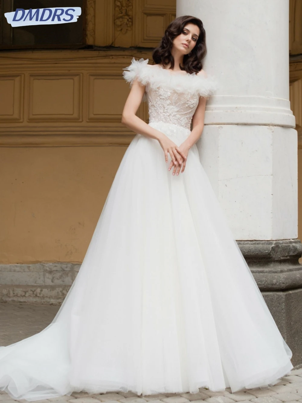 

Graceful Off The Shoulder Bride Robe Sparkly Sequins Bridal Gown Elegant Pearls A-line Long Wedding Dress Robe De Mariée