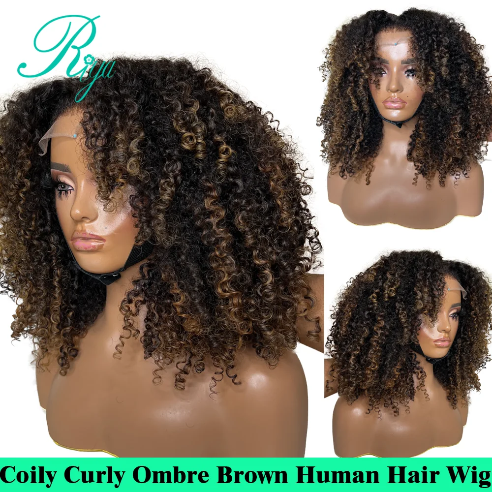 Brazilian Human Hair Coily Curly Wig Kinky Curly 13x6 Lace Frontal Wigs Remy 360 Full Lace With Bangs Omber Brown Color