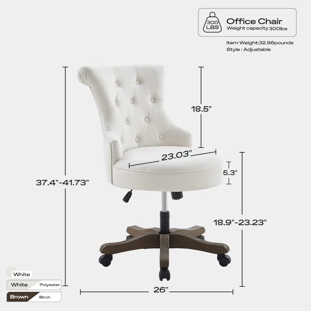 Home Office Chair Adjustable Height Swivel Chair with Wheels Linen Fabric Upholstered Computer Desk Chair with Wooden Legs 3