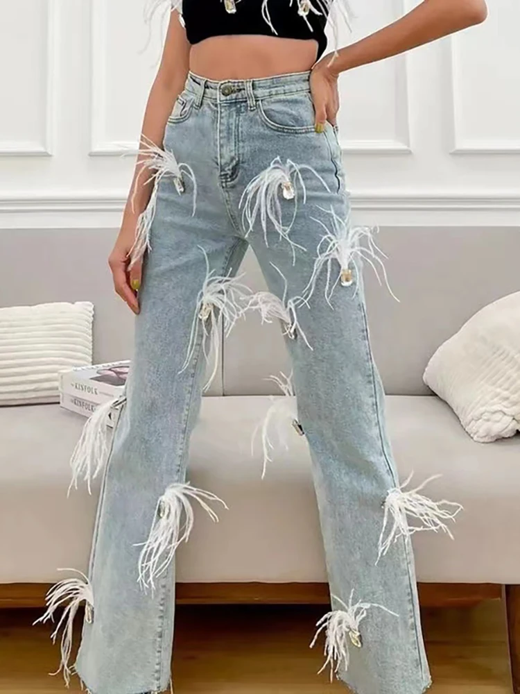 DEAT Women's Jeans High Waist Square Diamonds White Feathers
