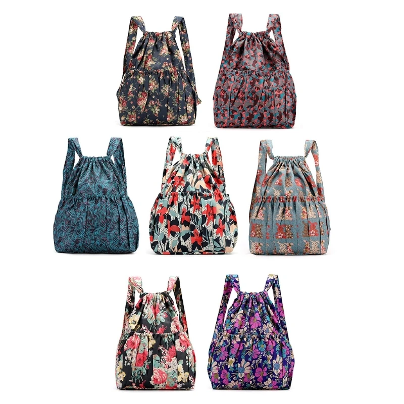 

Women Boho Floral Print Drawstring Backpack Foldable Sports Bag Lightweight Large Capacity Tote Nylon Pool Beach Travel Gym