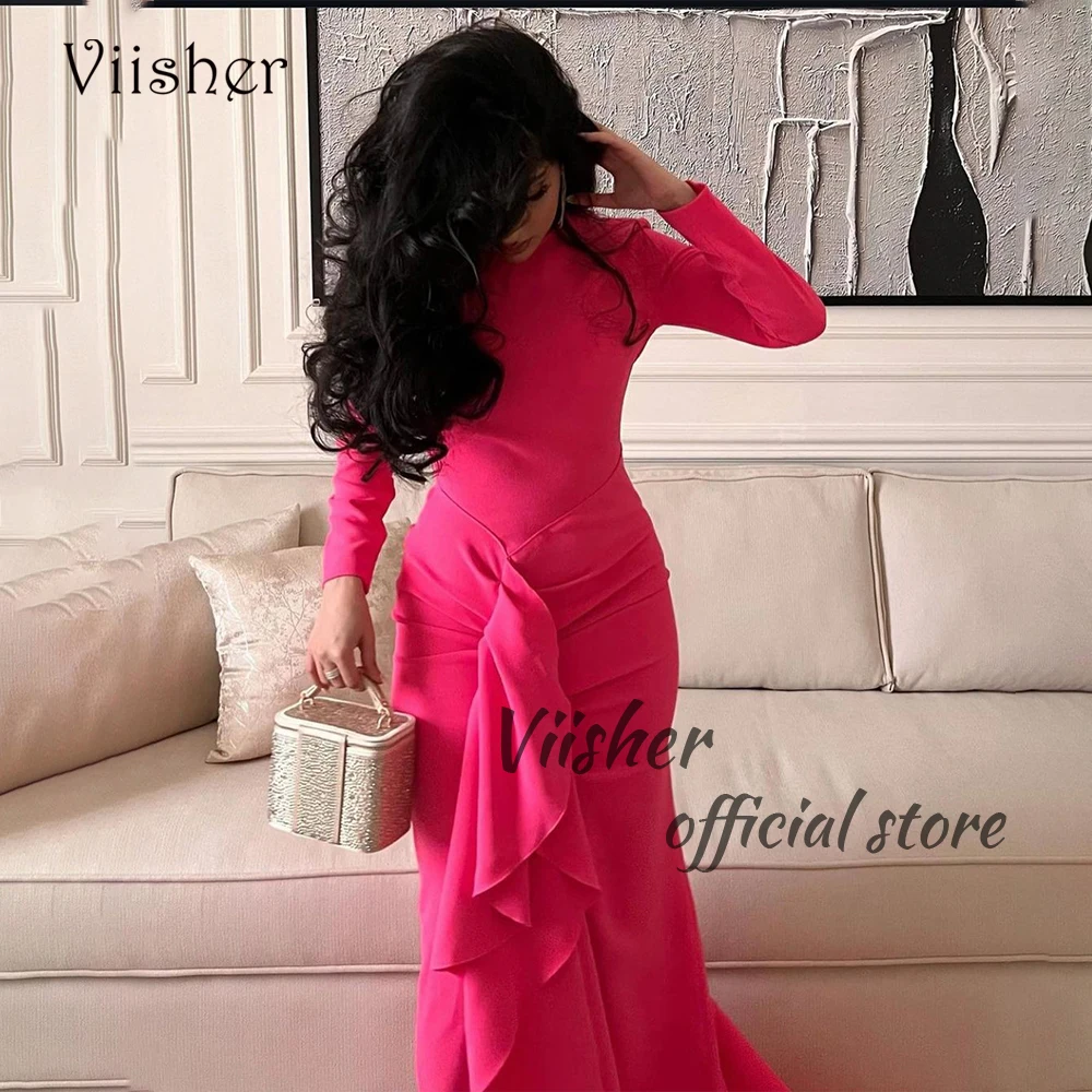 

Viisher Hot Pink Mermaid Evening Dresses O Neck Long Sleeve Formal Occasion Dress Arabian Dubai Wedding Party Gowns 2024