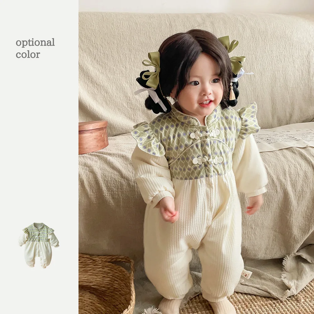 

Autumn Winter Newborn Girls Onesies Cotton Patchwork Plaid Broder Thick Baby Girls Bodysuit National Style Infant Girl Outifts