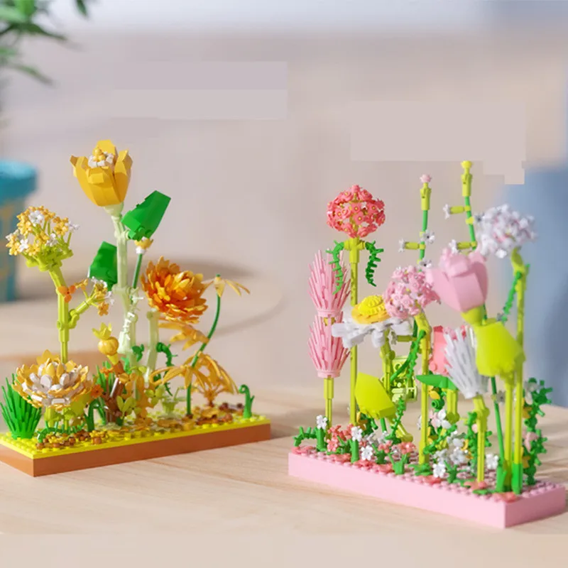 

New Building Block Bouquet Perpetual Flower 3D Model Home Decoration Plant Potted Rose Assembly Bricks Child Festive Gifts