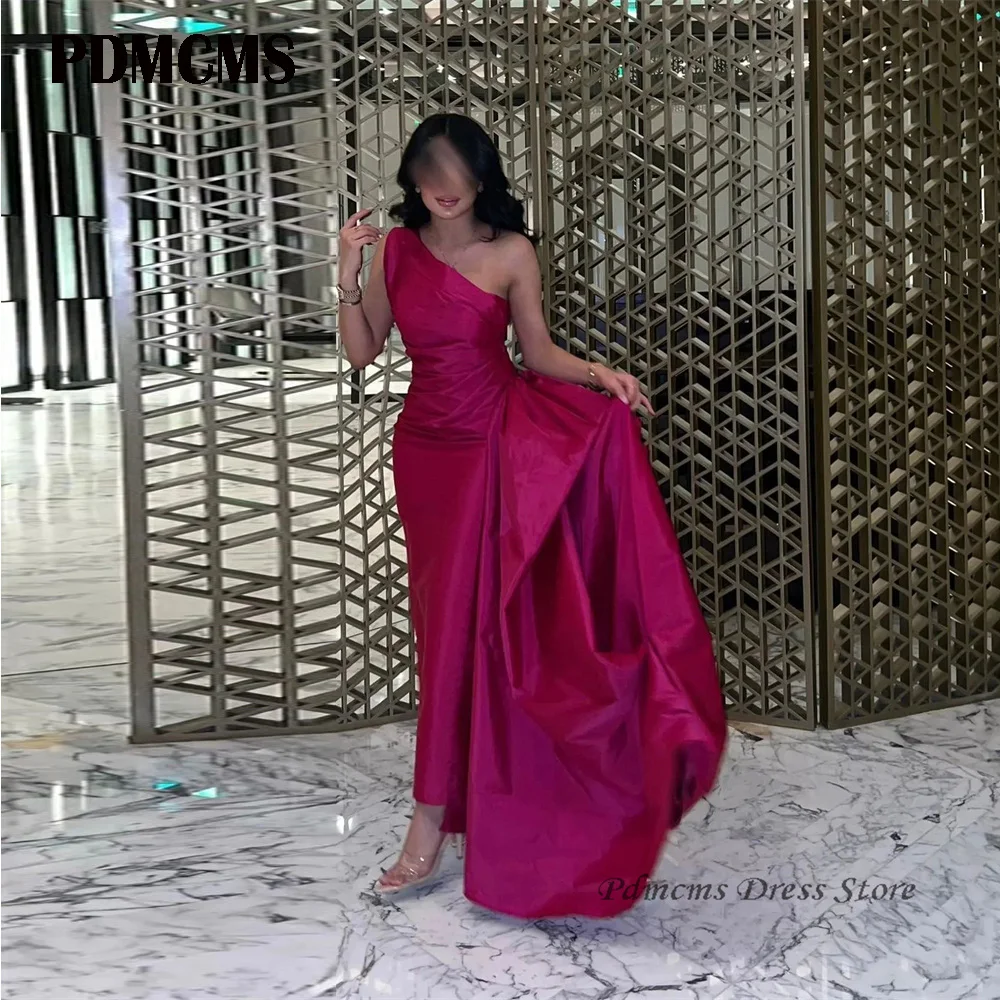 

PDMCMS Fuschia Taffeta Long Evening Dresses Saudi Arabic Lady One Shoulder Ankle Length Prom Gowns Formal Party Dress For Women