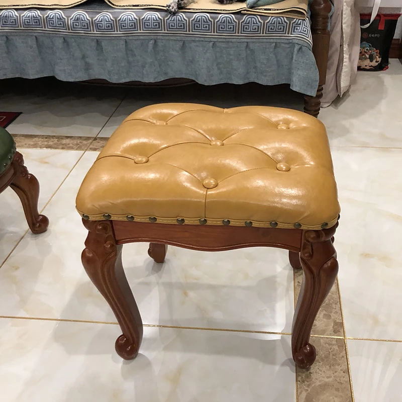 Solid Wood Stool American Leather Stool Leisure Seat Nordic Furniture Footstool Change Shoe Stool Folding Chair Customized