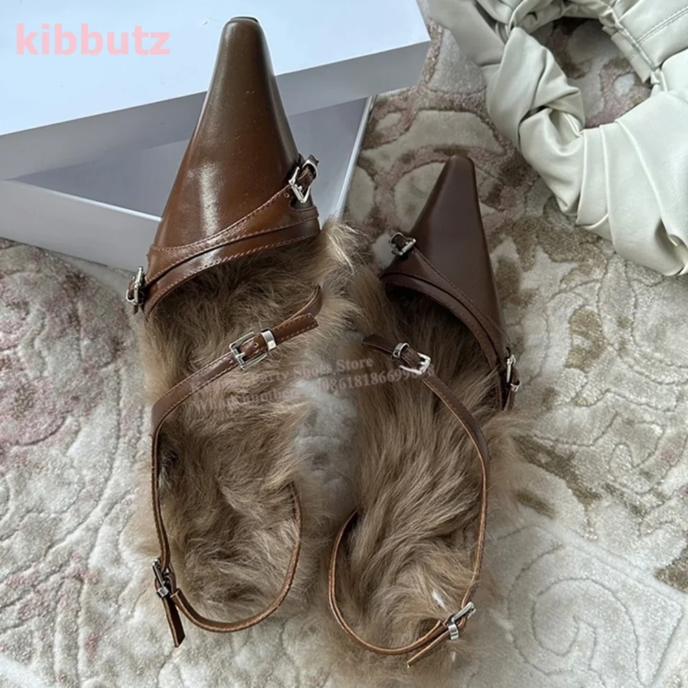 

Furry Genuine Leather Pumps Belt Buckle Pointed Toe Flat With Ankle Strap Winter Warm Fashion Elegant Concise Women Shoes Newest
