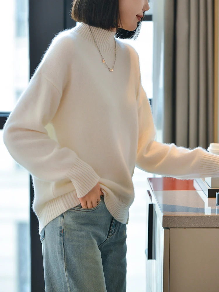 100% Pure Wool Sweater Women's 2024 Autumn/Winter Half High Collar Solid Color Pullover Fashion Light Luxury Cashmere Knit Tops 4