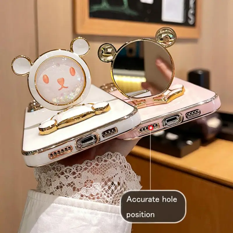 Coque de téléphone avec support de téléphone, miroir de sable mouvant, ours mignon, pour iPhone 14 11 12 13 Pro Mini 8 7 6 6S Plus 10 X Xr Xs Max Se_voghion.com