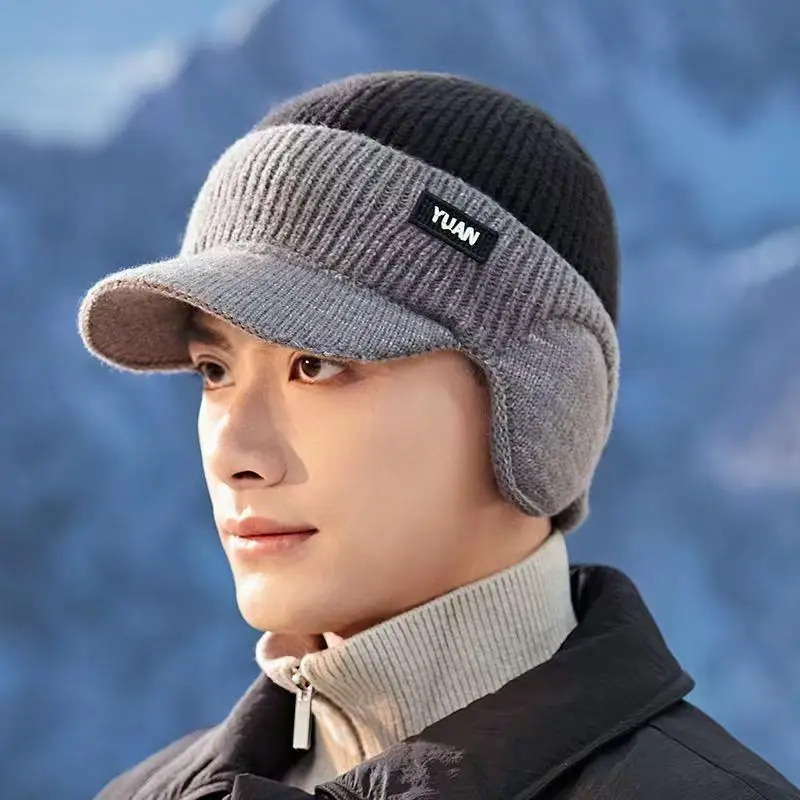 Zweifarbige gestrickte Baseballkappe – Outdoor-Aktivitäten, modische Herrenmütze mit Gehörschutz, perfekt für Paarmützen – Detail 8