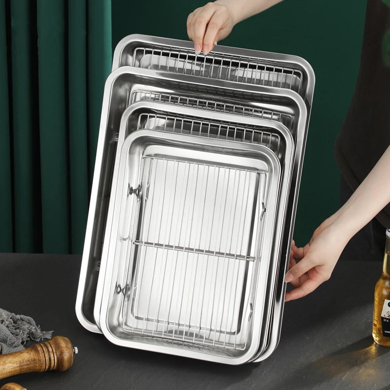Rectangular Storage Plates Stainless Steel Bakeware with Cooling Rack Kitchen Oven Baking Tray Oil Filter Pan Food Service Trays storage box storage tray kitchen tray