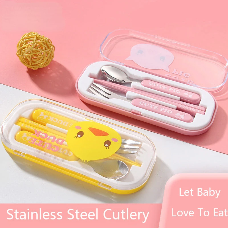 

MOONBIFFY Cartoon Baby Cutlery Set Spoon Fork Chopsticks Dinnerware Sets Baby Tableware Stainless Steel Eco-Friendly Home School