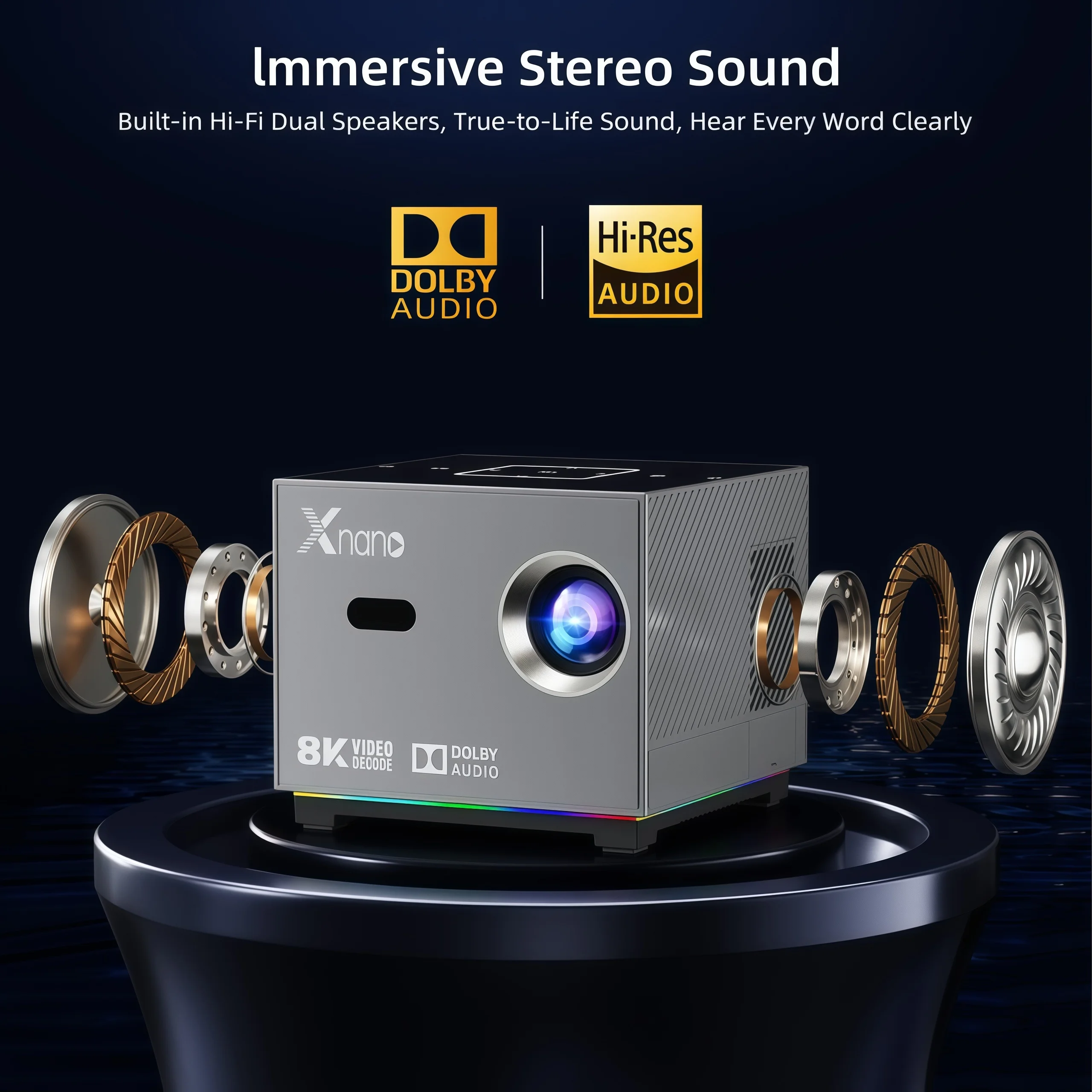 Xnano X3 휴대용 LED 프로젝터 190안시 안드로이드 9.0 듀얼 WiFi BT5.0 HDR10+ 돌비 오디오 8K 디코딩 전동 포커스 미니 빔프로젝터
