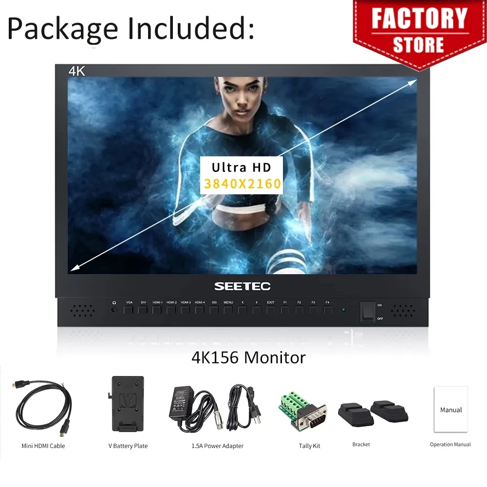 Seetec 4K156-9HSD-384 15.6 Inch IPS UHD 3840x2160 4K Broadcast Monitor with 3G-SDI HDMIx4 Quad Split Display Director Monitor