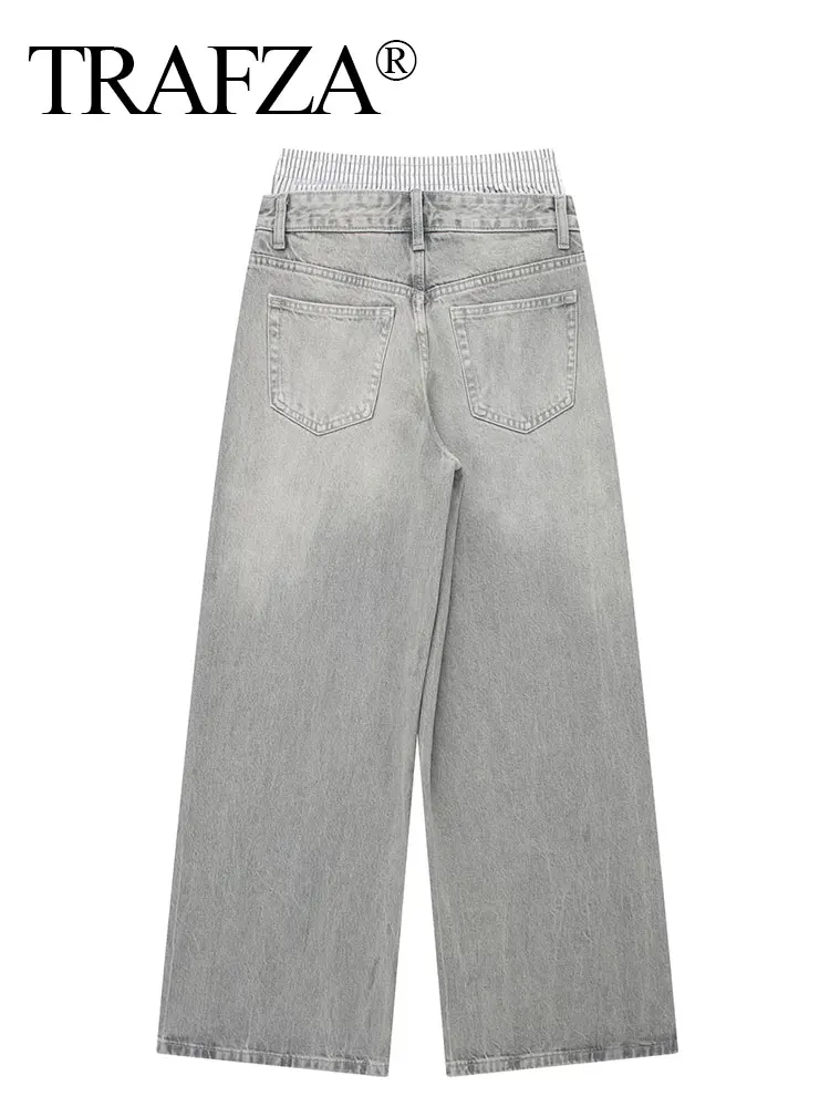 TRAFZA Denim Pant For Women Vintage Patchwork Jeans Zipper Fly Trousers 2024 Female Fashion Casual Streetwear Grey Denim Pants