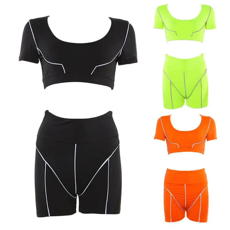 

Women Summer 2 Piece Sports Outfits Neon Solid Color Crop Top High Waist Shorts Reflective Strip Patchwork Bodycon N7YE