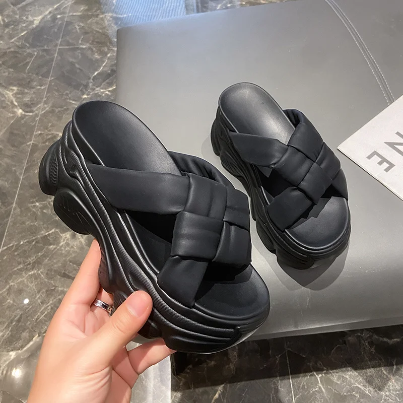 

High Platform Slippers Women 7.5CM Green Thick Soles Leather Sandals Woman Chunky Summer Casual Beach Slides Zapatos Mujer