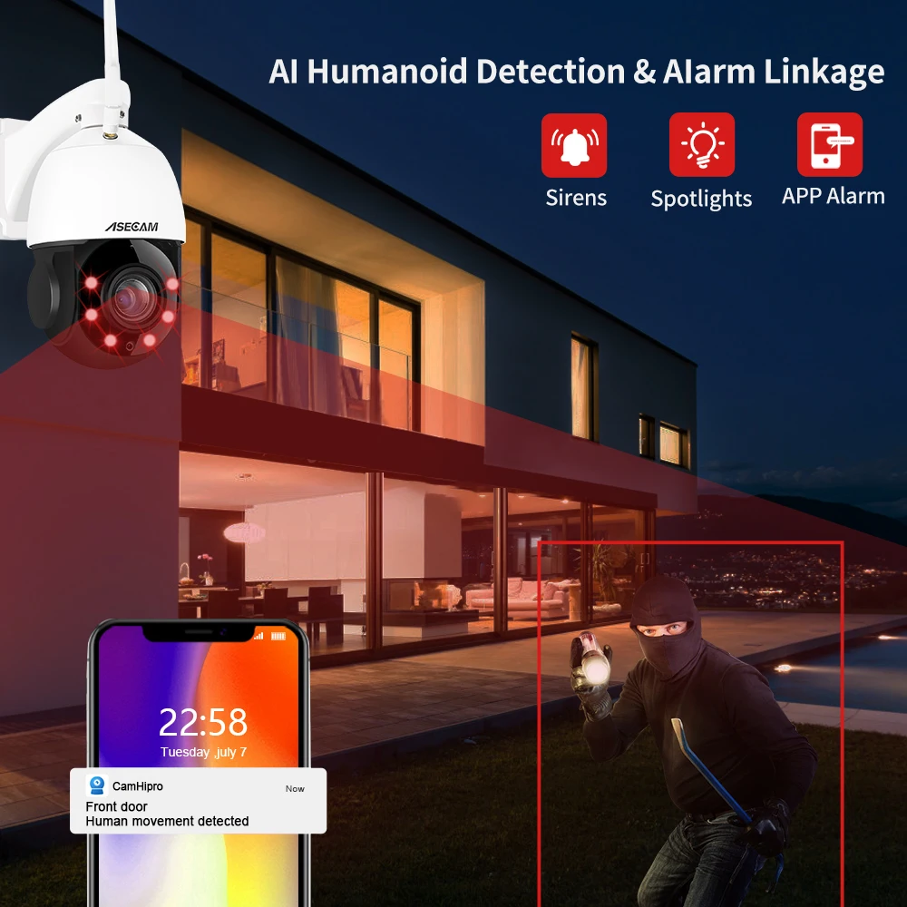 camara vigilancia wifi 8MP 4K PTZ 30X Zoom óptico exterior Humanos / Vehículo AI Seguimiento POE Onvif Audio Speed Dome