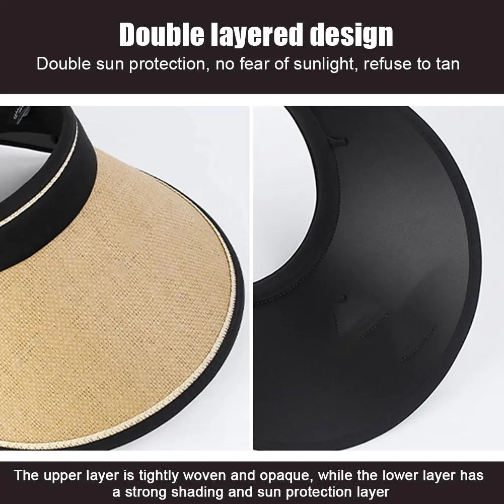 Summer Women Straw Hat Foldable Sun-proof Hat Fashionable Casual Large Brim Black Rubber Sunshade Hat Travel Cycling Sun Hat 4