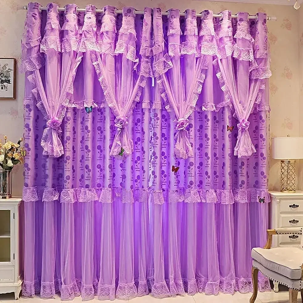 1 Panel 140cm Width Double Layer Curtain for Girls Bedroom Princess Style Jacquard Girls Curtains with Valances 2