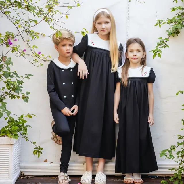 Tenues en coton pour enfants Ali Plus 2026 SS Sailor Maxi avec broderie et col blanc amovible, vêtements assortis pour filles et garçons 1