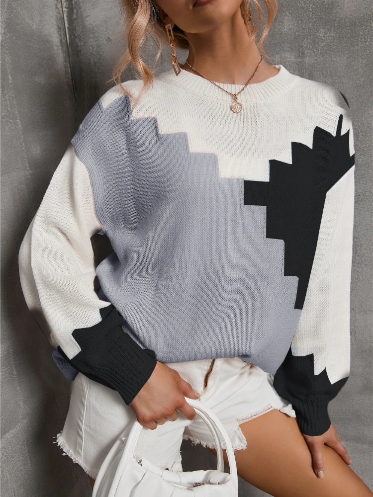 

New Fashion Women Sweaters 2023 Autumn Winter Stitching O-neck Knit Pullover Long Sleeve Sweater Tops Womens Clothing Knitwears