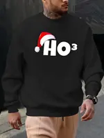 Men's Christmas Graphic Sweatshirt with Red & Ho3 Lettering & Santa Hat - Long Sleeve Round Neck