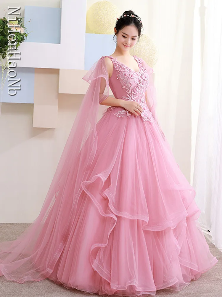 Quinceanera Dresses Sweet Pink Classic V-neck Applique Dresses For Prom Fairy Elegant Tulle Ball Gown