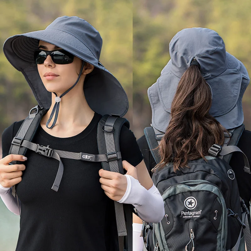 

Women Sun Hats UV Protection Outdoor Hunting Fishing Cap Designer Lightweight Ponytail Hole Visor Cap Wide Large Brim Bucket Hat