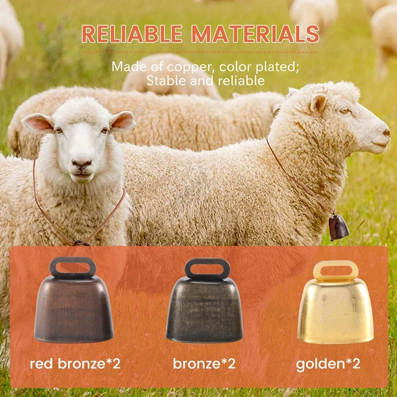 6 Pieces Cow Horse Sheep Grazing Small Brass Bells Cowbell Retro Bell For Grazing Copper(Green Bronze, Red Bronze, Gold)