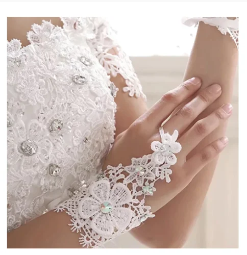 Fancy Fingerless White Wedding Lace Elegant Gloves Tie Up Bridal Hand Accessory applique short white elegant lace wedding bridal gloves fingerless lace wedding wedding gloves accessories