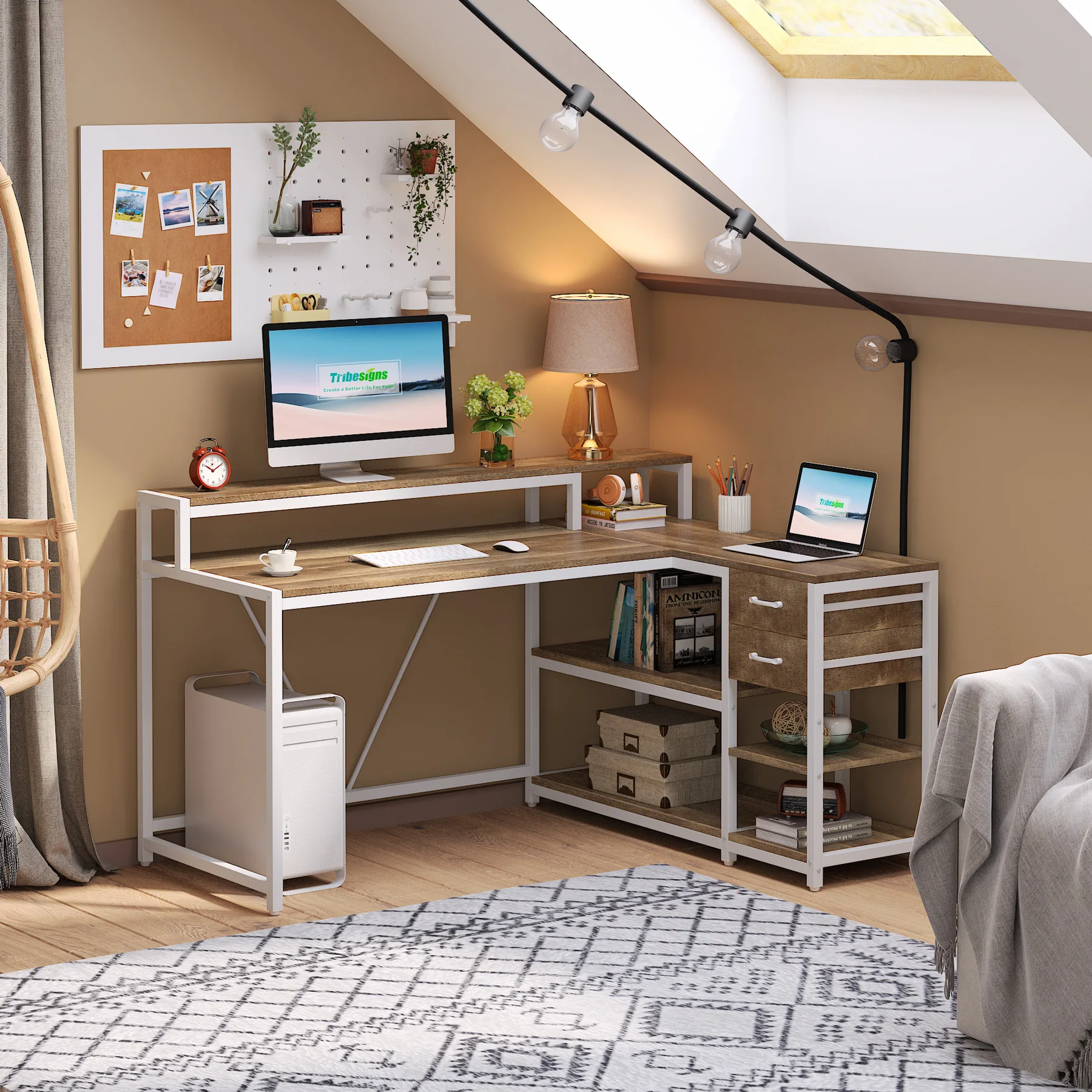 Tribesigns L Shaped Desk with Drawers and Monitor Stand, L Corner Desk with Storage Shelves, Beige Wooden PC Table
