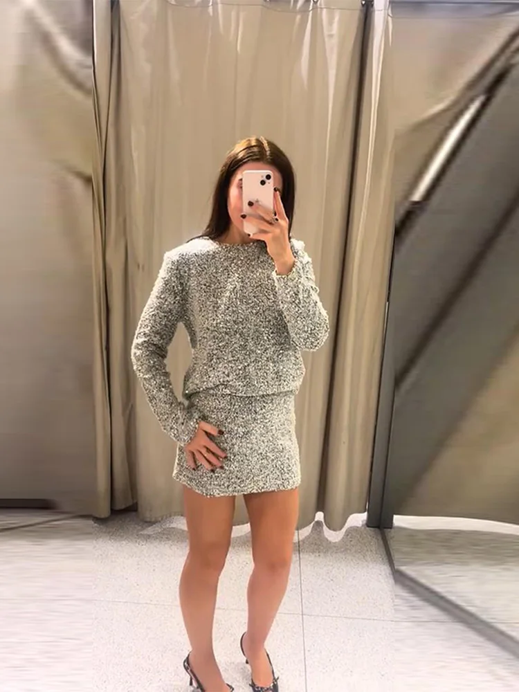 Pailletten Langarm Top Kurzen Rock Anzüge Frauen Elegante Oansatz Lose Anliegende Tops Hohe Taille A-linie Röcke Mode Dame Outfits – Detail 21