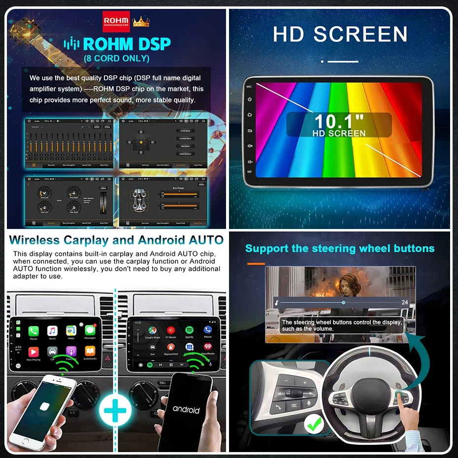Reproductor de vídeo Multimedia Universal Android 14 de 10 pulgadas, 2 DIN, Radio de coche, carplay inalámbrico android auto WiFi, GPS, Bluetooth, Audio 4