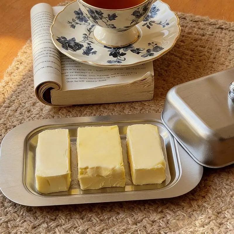 손잡이 뚜껑이 있는 스테인레스 스틸 버터 접시 휴대용 치즈 보관 용기 디저트 빵 버터 보관 상자 주방 식기