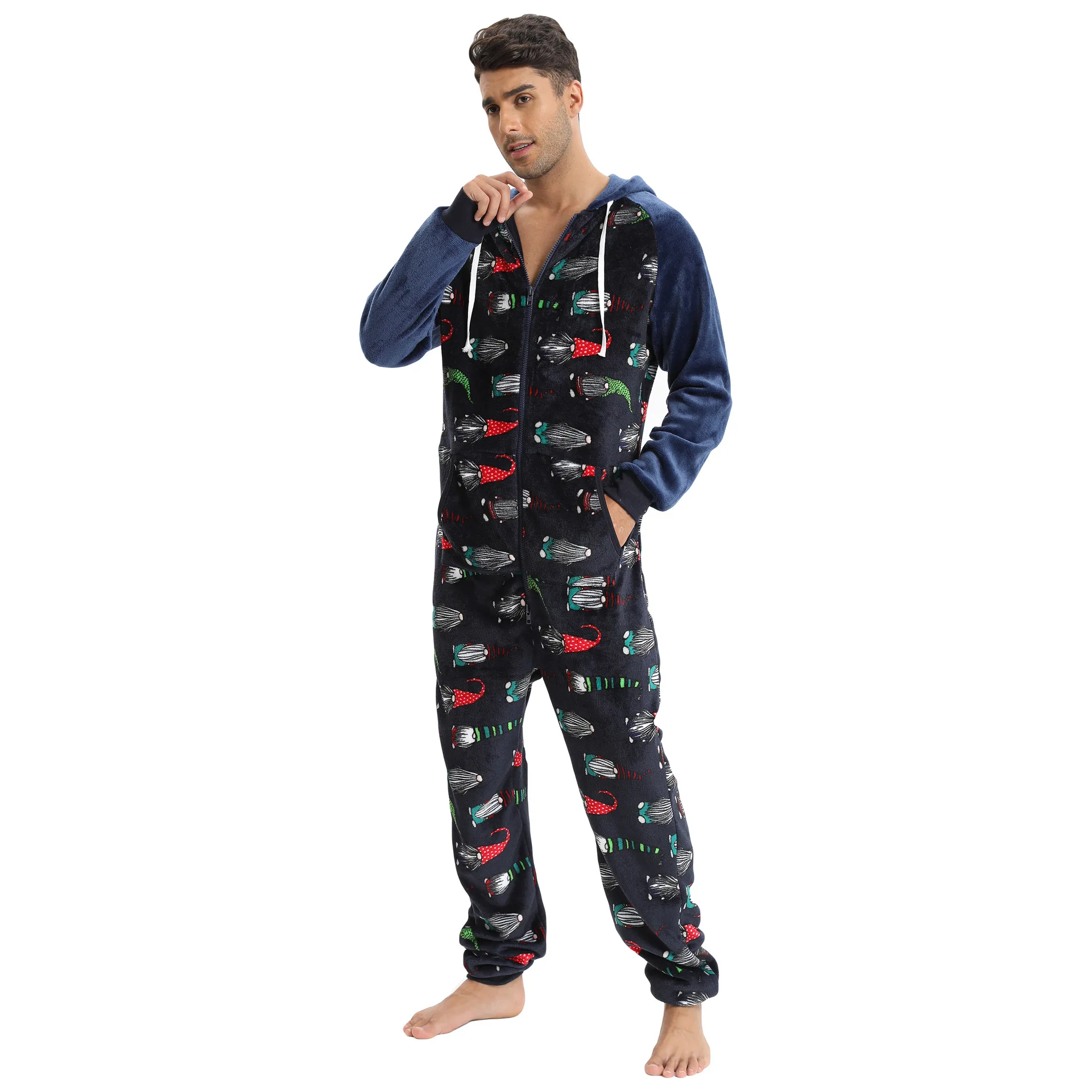 Autumn Winter Warm Men's Pajama Set Hoodies Overalls Men Halloween Print Onesies Zipper Jumpsuit Long Sleeve Male Clothes