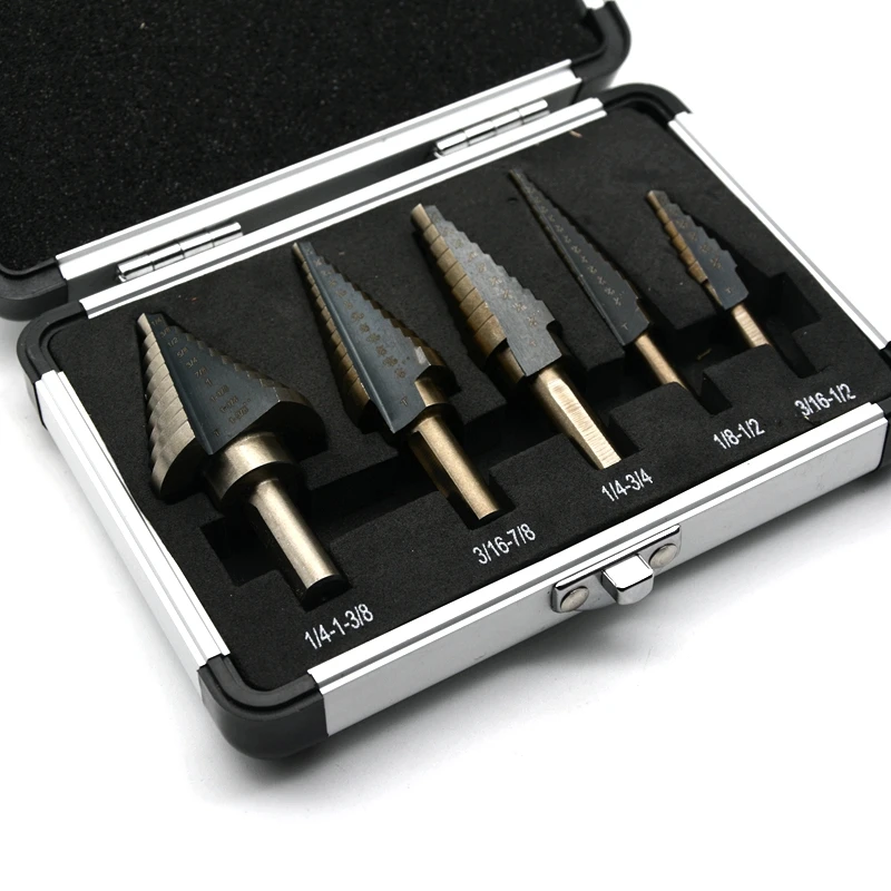 

Multiple Hole Titanium Conical Carbide Drill Perforator 50 Sizes Metal Hole Cutter Tool 5Pcs Step Drill Bit Set