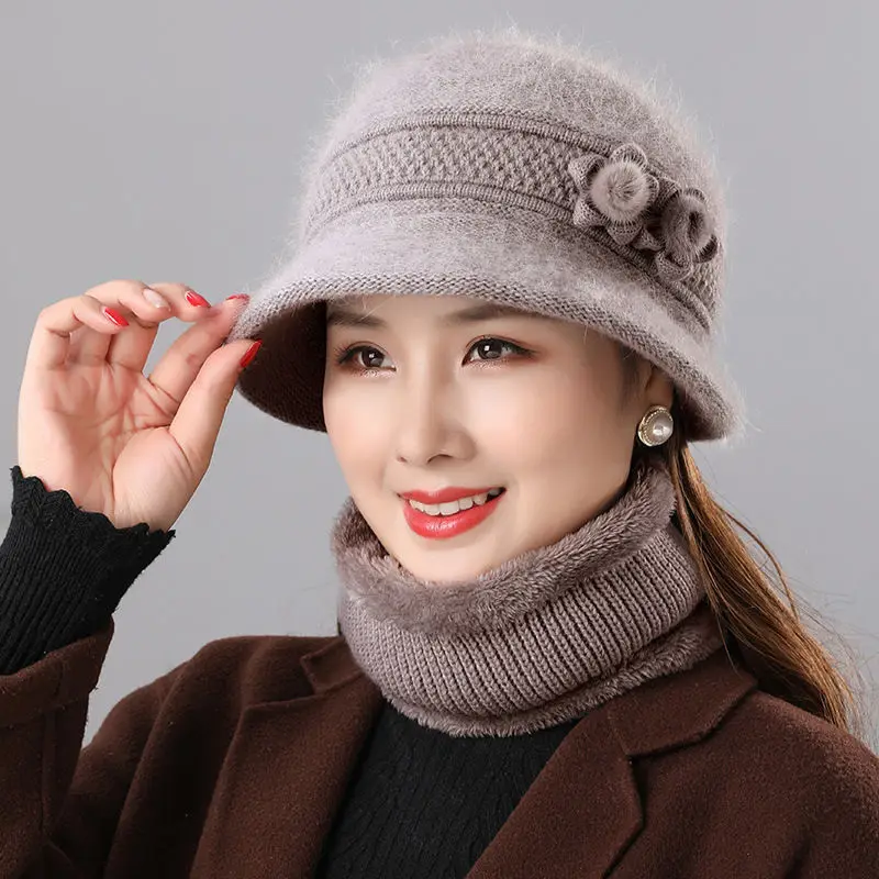 

Warm Rabbit Fur Hat Middle-aged and Elderly Mom Cap Autumn and Winter Ladies Scarf Two Sets of Old Lady Winter Pot Hats