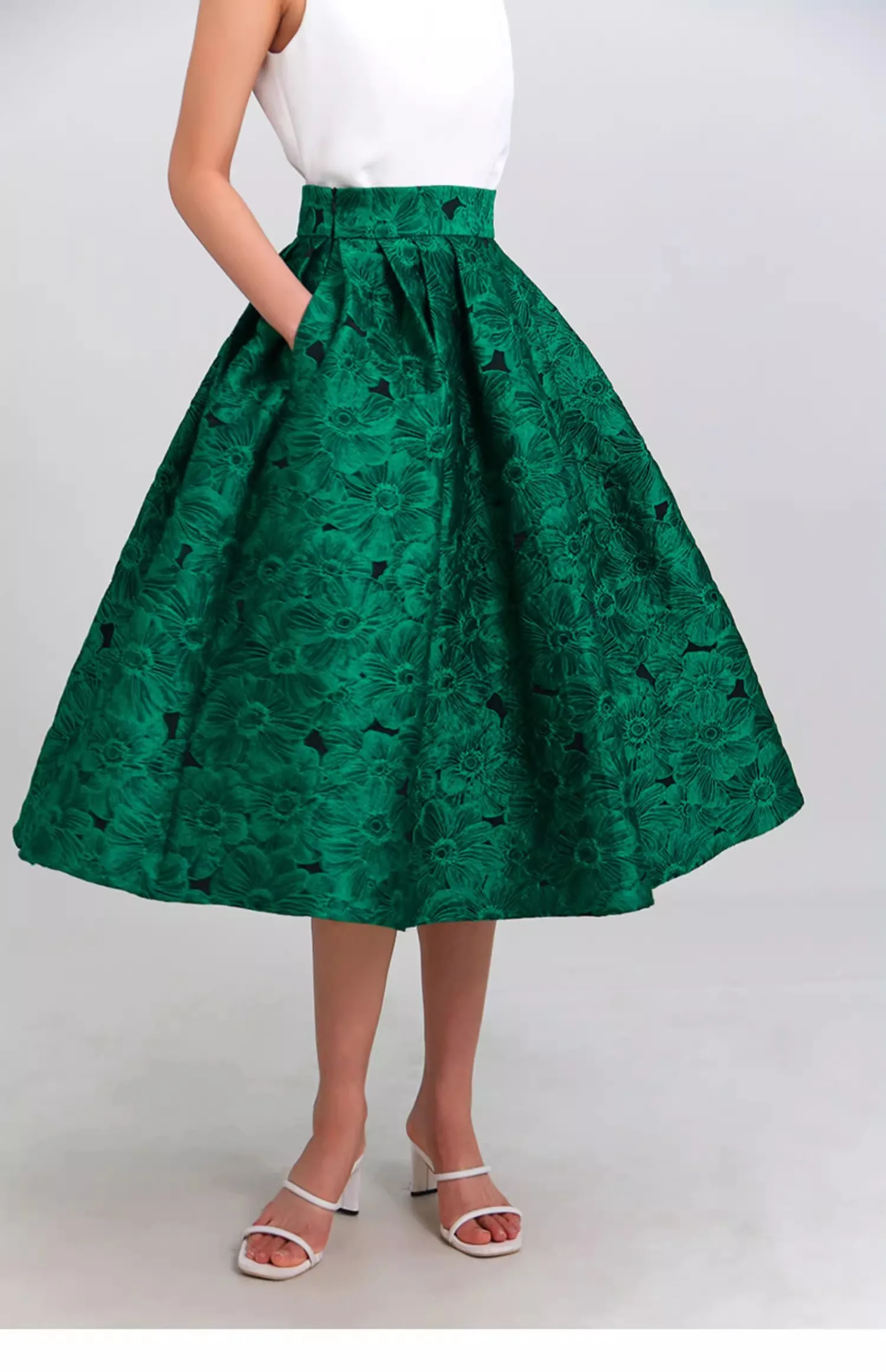 

Women's Runway Fashion Spring Summer Designer A-line Skirt Female Autumn High Waist Embroidery Green Jacquard Skirt TB1613