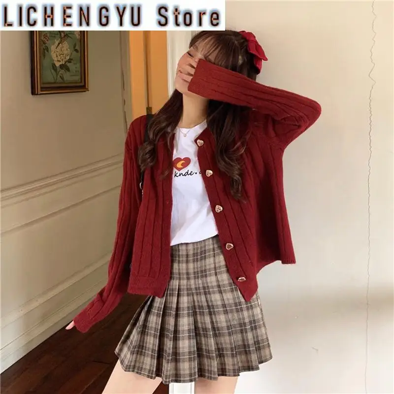 

New Woman Sweaters Knitted Cardigan Winter Korean Fashion Cute Heart Buttons Long Sleeve Burgundy Red White Sweater Tops
