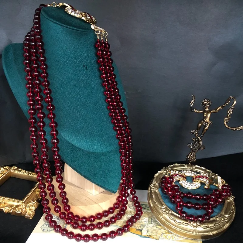 rench Romantic Retro Multi layered Pomegranate Red Glass Beads Sweater Chain Bracelet Necklace