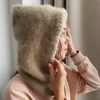 Winter Rabbit Fur Womans Hats Unisex Knitted Hooded Neck Collar Adjustable Elastic Balaclava Cap Hats Gorros Mujer Invierno NEW 3