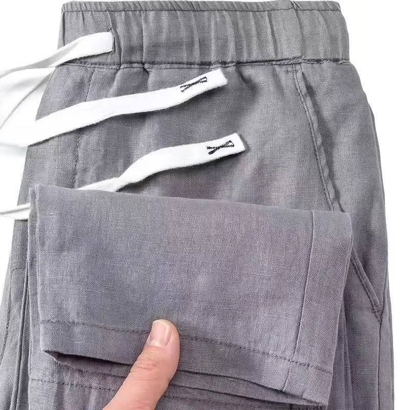 High-End Linen Pants Charcoal ey Cotton-Linen Straight Leg Summer Thin Casual Trousers for Men Breathable Loose Fit Long Tr...