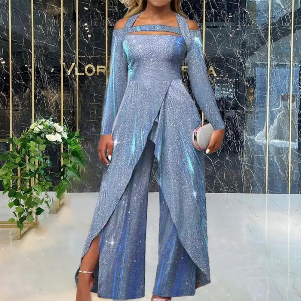 

Women Jumpsuit Hollow Out Shiny Sequin Tight Mid Waist Halter Neck Wide Leg Long Sleeve Split Irregular Lady Party Prom Jumpsuit