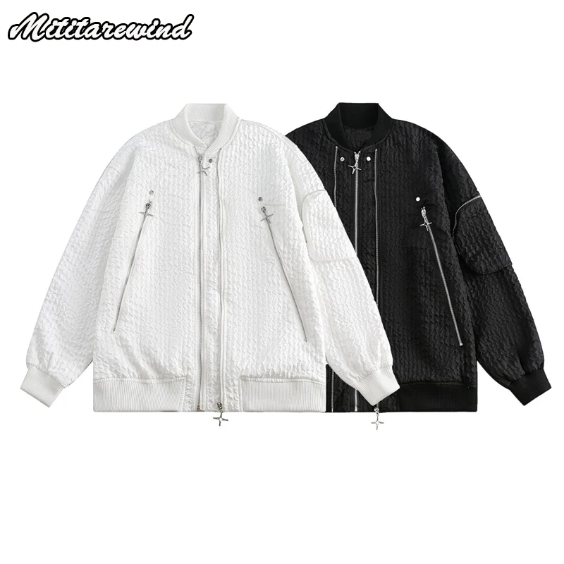 

Hip Hop Baseball Jacket for Men Spring Autumn Retro Zipper Bomber Jackets Men Fashion Folds Black White Oversized Coat For Lover