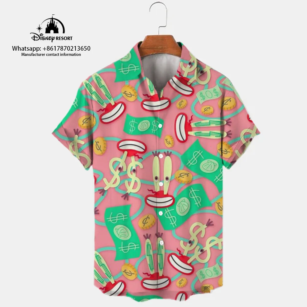 2024 new Harajuku casual trend all-match shirt tops men's lapel short-sleeved single-breasted summer SpongeBob cartoon y2k 3