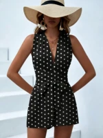 Women's Romper Black Polka Dot Sleeveless Deep V Neck Short Wide Leg Playsuit Casual Spring Summer Beach Vacation Party Jumpsuit - Image 3
