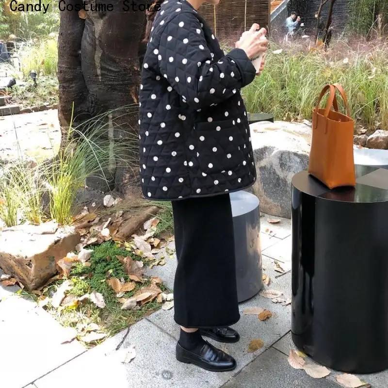 Female Long Sleeve Outwear Elegant Tops New Winter Polka Dot Women Coat O-Neck Warm Loose Casual Jacket