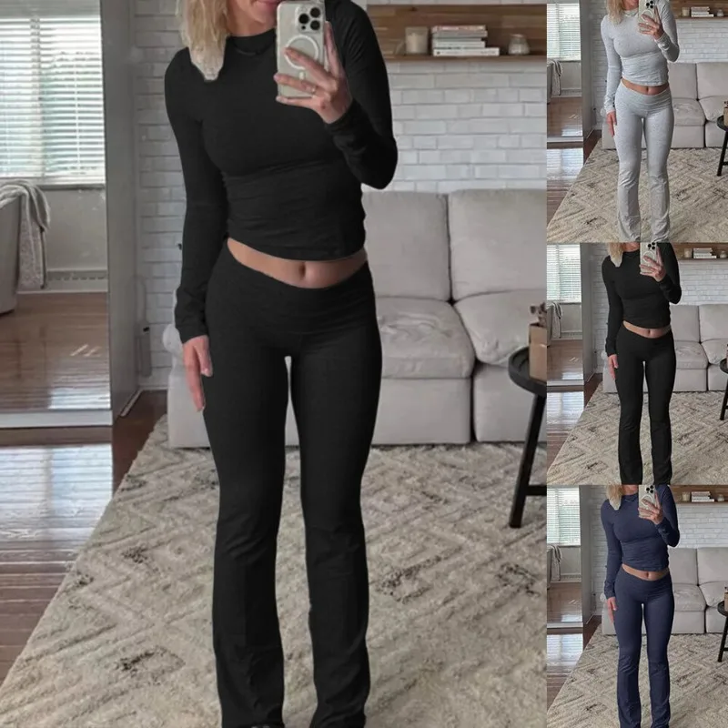 

Женские комплекты из 2 предметов, однотонный топ с круглым вырезом и брюки-клеш с низкой талией, повседневный спортивный костюм, одежда для отдыха, рубашки и брюки